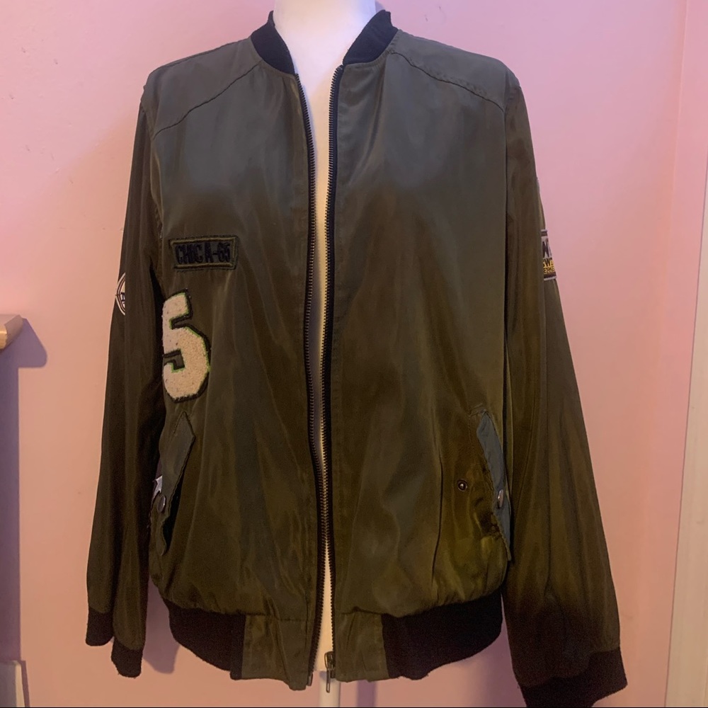 Rue 21 Army Green Bomber Jacket with Patches